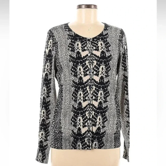 Talbots Silver & Black Damask Snake Print Button Down Cardigan Size M NWT - Picture 1 of 6